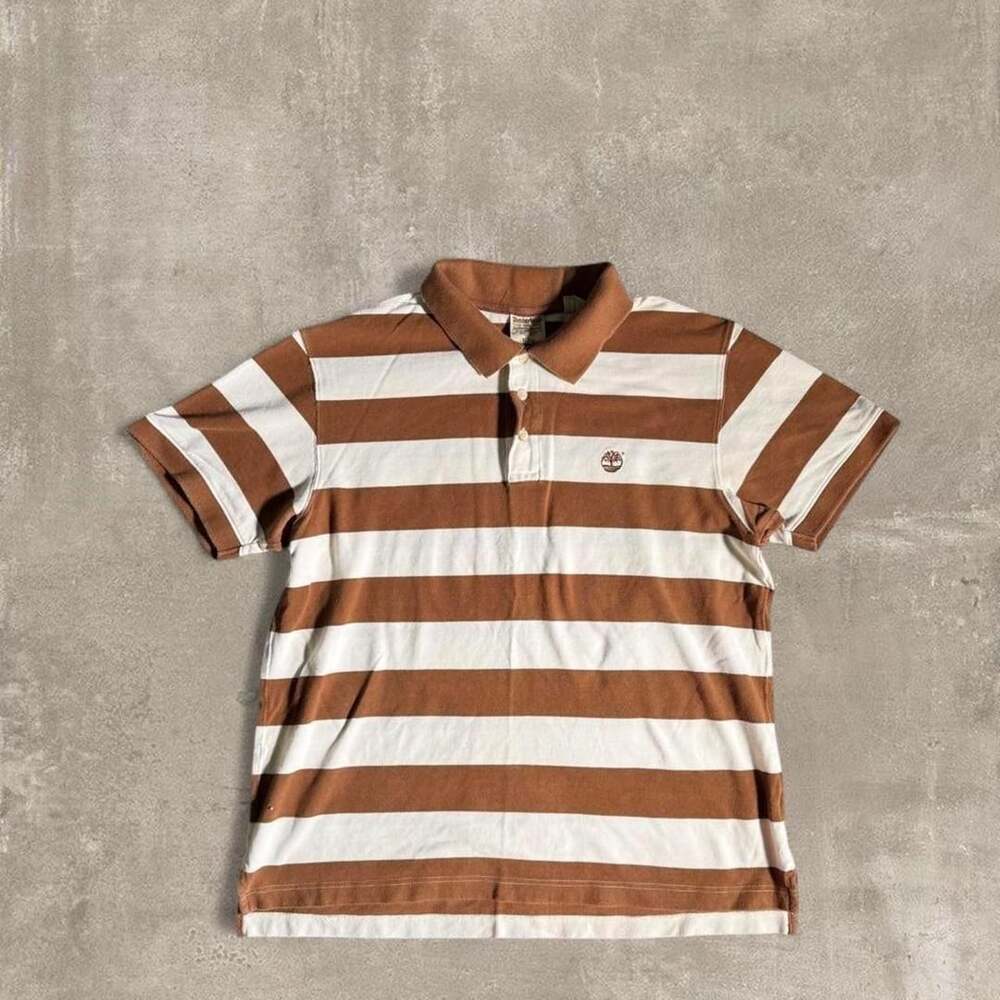 Timberland Striped Polo Shirt Size XL Brown Cream Short Sleeve Y2K